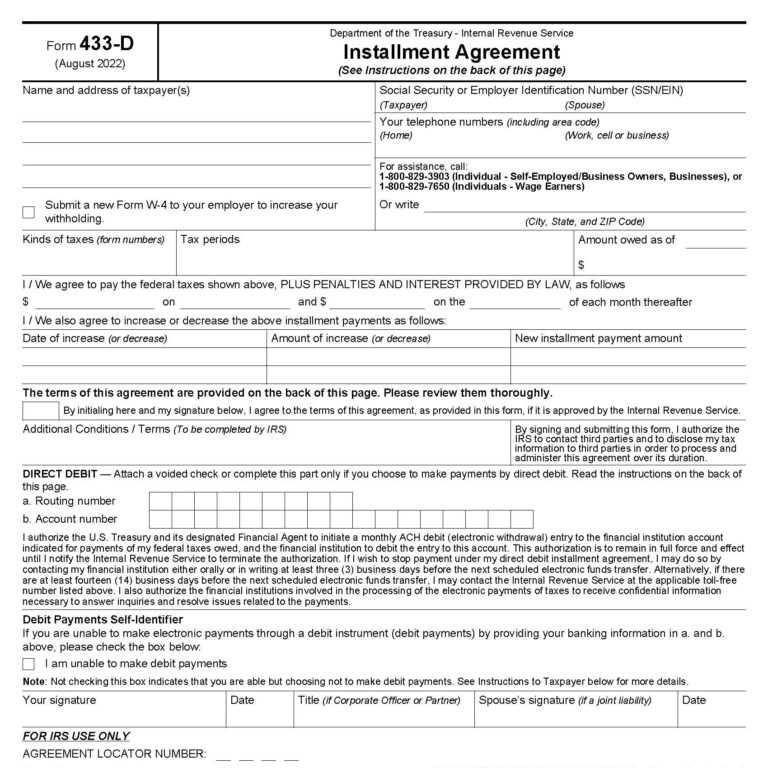 Completing Form 433-D Installment Agreement After IRS Audit - Tax Law ...